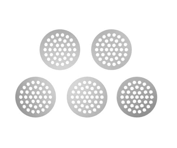 A top-down view of the G Pen Dash Mouthpiece Filter Screens 5-Pack, showcasing five circular, mesh filters against a white background. A top-down view of the G Pen Dash Mouthpiece Filter Screens 5-Pack, showcasing five circular, mesh filters against a white background.