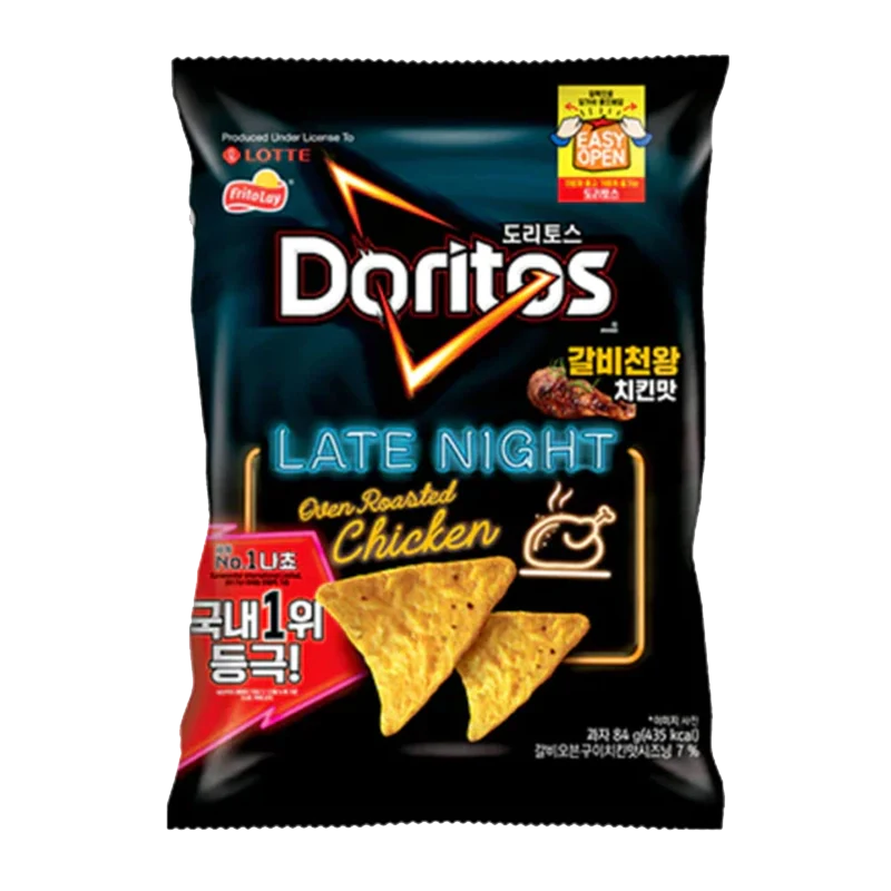 Front view of Doritos - Late Night Oven Roasted Chicken Corn Chips packaging with Korean text. Front view of Doritos - Late Night Oven Roasted Chicken Corn Chips packaging with Korean text.