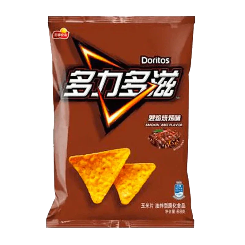 Front view of Doritos - Smokin' BBQ Corn Chips, displaying product branding on a vibrant red bag. Front view of Doritos - Smokin' BBQ Corn Chips, displaying product branding on a vibrant red bag.