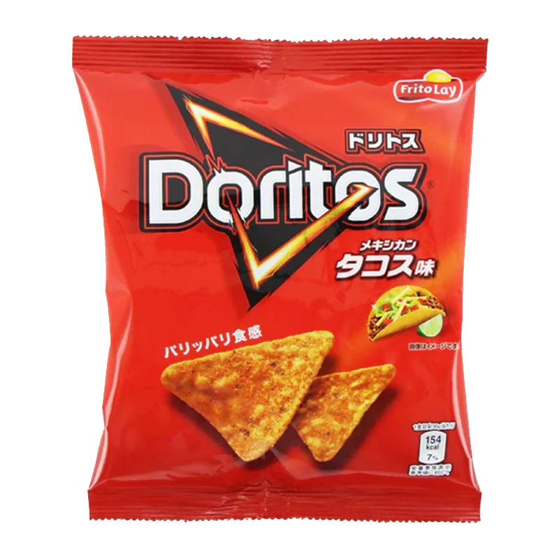 A close-up, angled view of Doritos - Tacos Corn Chips packaging featuring bright colors and Japanese text. A close-up, angled view of Doritos - Tacos Corn Chips packaging featuring bright colors and Japanese text.