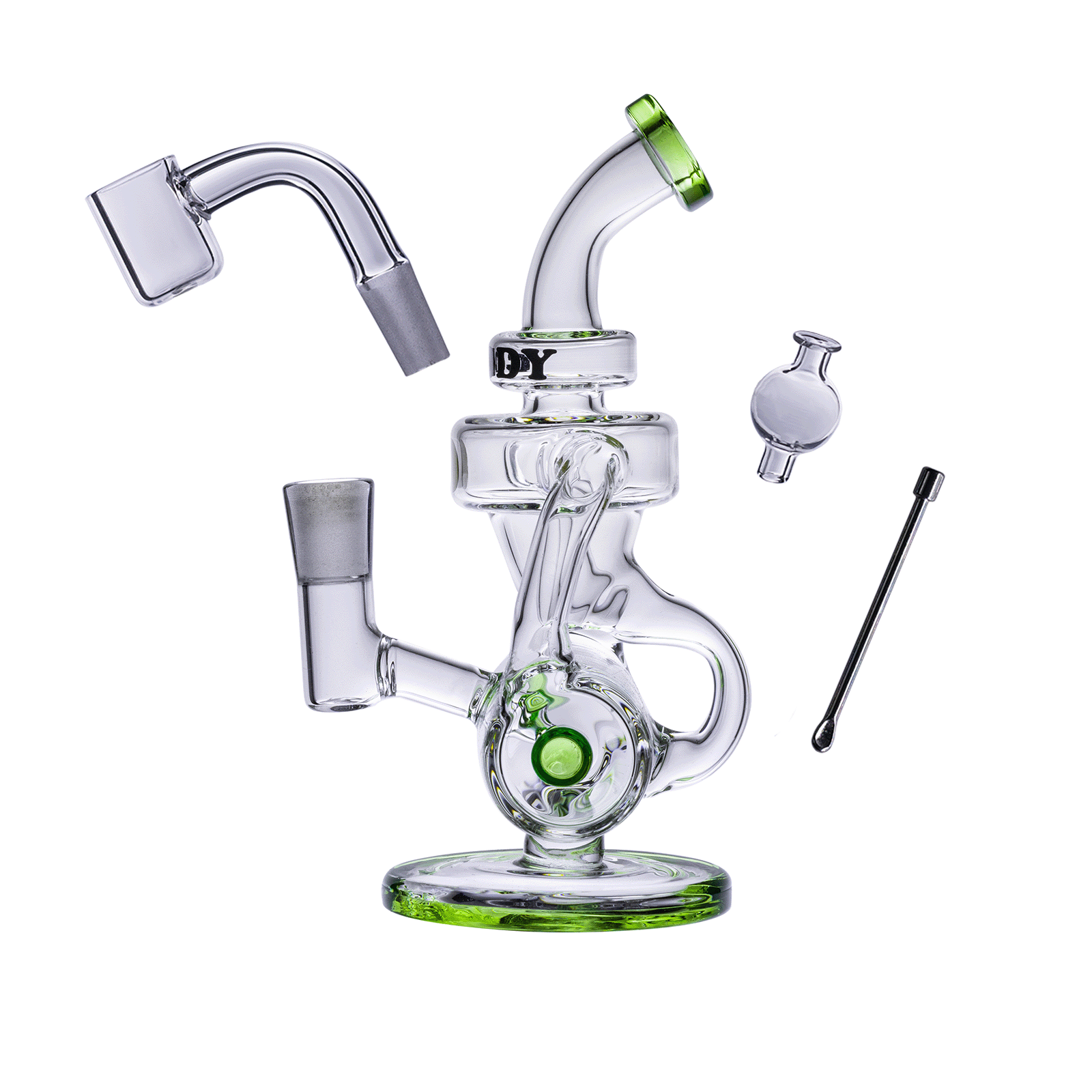 A three-quarter view of the Drummer Boy Mini Dab Rig 4-Piece Kit, showcasing the clear glass rig with a small nail and tools. A three-quarter view of the Drummer Boy Mini Dab Rig 4-Piece Kit, showcasing the clear glass rig with a small nail and tools.