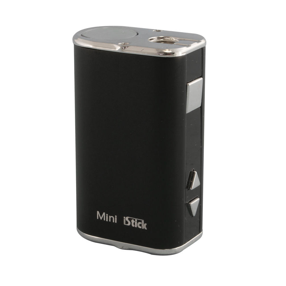 Front view of the iStick Mini 10W Digital Mod Battery, a silver-toned device with button and screen details. Front view of the iStick Mini 10W Digital Mod Battery, a silver-toned device with button and screen details.