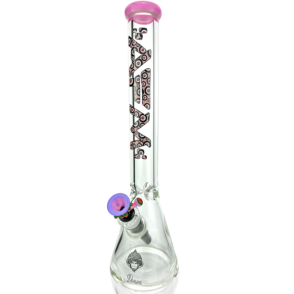 Front view of the 18" Evil Eye Clear Glass Beaker Bong, showcasing its clear glass construction and subtle design details. Front view of the 18" Evil Eye Clear Glass Beaker Bong, showcasing its clear glass construction and subtle design details.