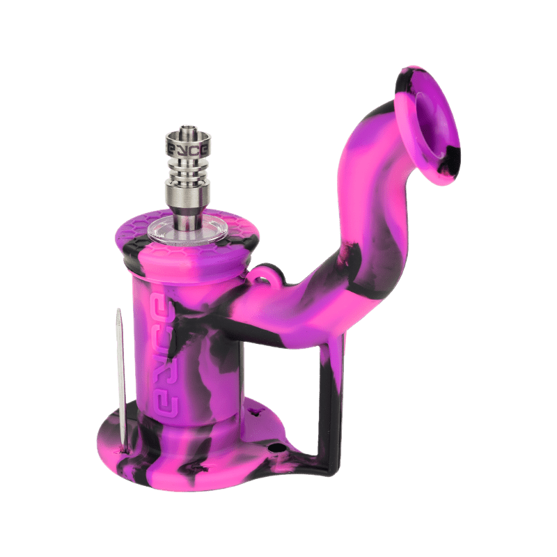 Front view of the Rig 2.0| a purple and black glass water pipe with a unique, curved design. Front view of the Rig 2.0| a purple and black glass water pipe with a unique, curved design.