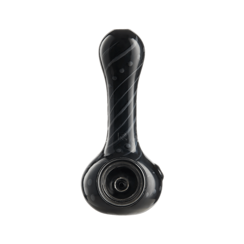 Front view of the ORAFlex Floral Spoon, a dark glass pipe with a rounded bowl and curved neck. Front view of the ORAFlex Floral Spoon, a dark glass pipe with a rounded bowl and curved neck.