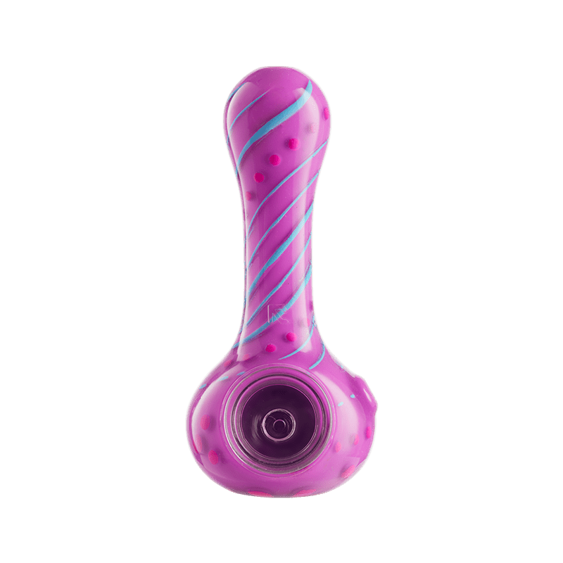 A side view of the ORAFLEX Floral Spoon, a curved glass pipe with a floral-inspired purple hue. A side view of the ORAFLEX Floral Spoon, a curved glass pipe with a floral-inspired purple hue.