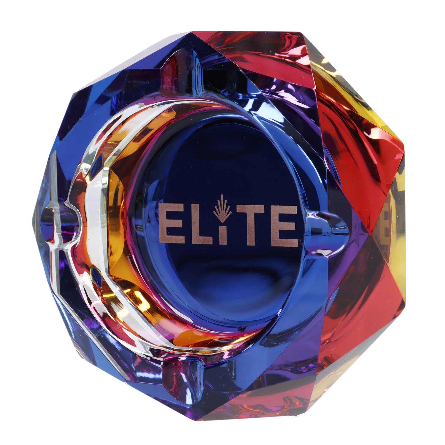 A brightly lit, angled view of the Blue Crystal Ashtray, showcasing its faceted, transparent design. A brightly lit, angled view of the Blue Crystal Ashtray, showcasing its faceted, transparent design.