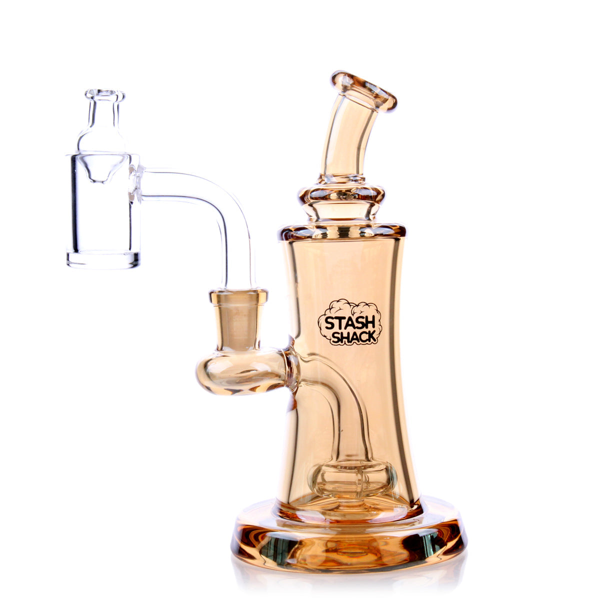 A three-quarter view of the Elysian Mini Rig, showcasing the clear glass and compact size against a plain white background. A three-quarter view of the Elysian Mini Rig, showcasing the clear glass and compact size against a plain white background.
