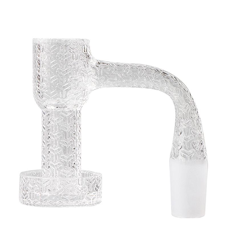 Front view of the Etched Pattern Full Weld Terp Slurper, showing a clear glass joint with an etched design against a plain white background. Front view of the Etched Pattern Full Weld Terp Slurper, showing a clear glass joint with an etched design against a plain white background.