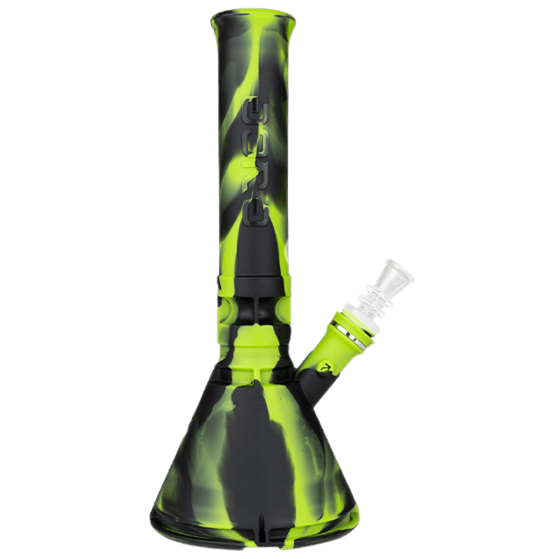 Front view of the Silicone Beaker, a tall, green and black water pipe, against a plain white background. Front view of the Silicone Beaker, a tall, green and black water pipe, against a plain white background.
