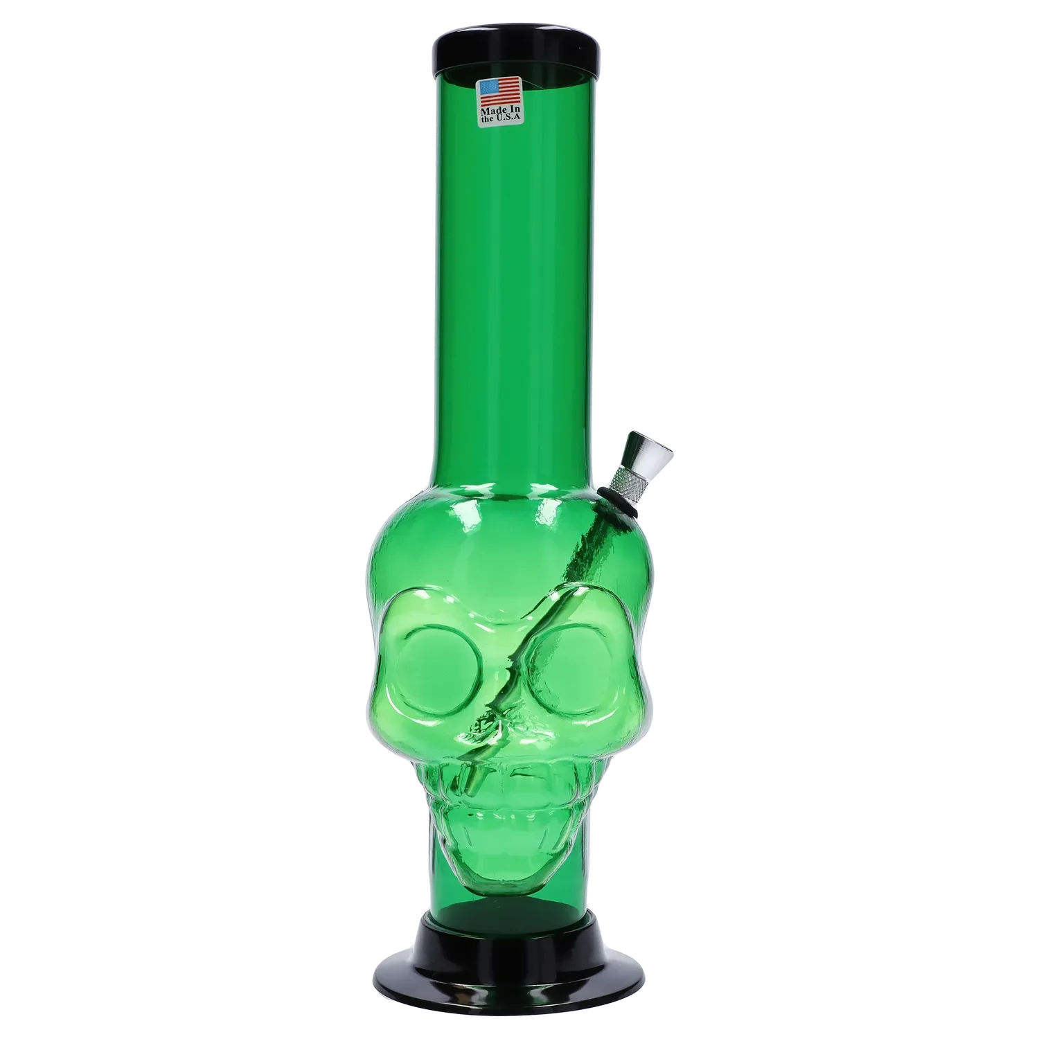 Front view of the 12-inch JM Plastics Large Skull Base with Carb Hole Acrylic Water Pipe, featuring a sculpted skull design. Front view of the 12-inch JM Plastics Large Skull Base with Carb Hole Acrylic Water Pipe, featuring a sculpted skull design.