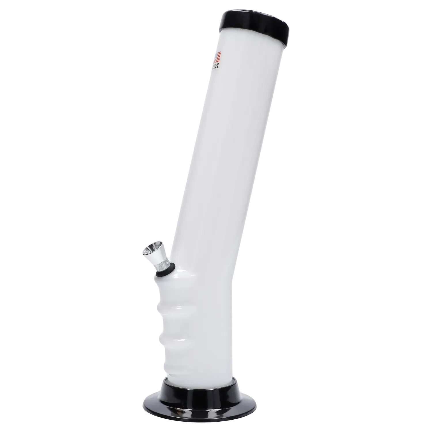 A front view of the 12-inch JM Plastics Straight Tube Bent Neck with Grip and Carb Hole Acrylic Water Pipe, showcasing its clear construction. A front view of the 12-inch JM Plastics Straight Tube Bent Neck with Grip and Carb Hole Acrylic Water Pipe, showcasing its clear construction.