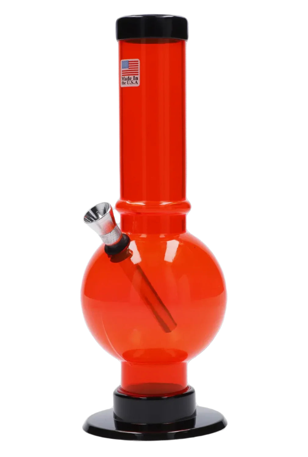 A front view of the 9-inch JM Plastics Bubble Base with Carb Hole Acrylic Water Pipe, showing its clear acrylic construction and rounded base. A front view of the 9-inch JM Plastics Bubble Base with Carb Hole Acrylic Water Pipe, showing its clear acrylic construction and rounded base.