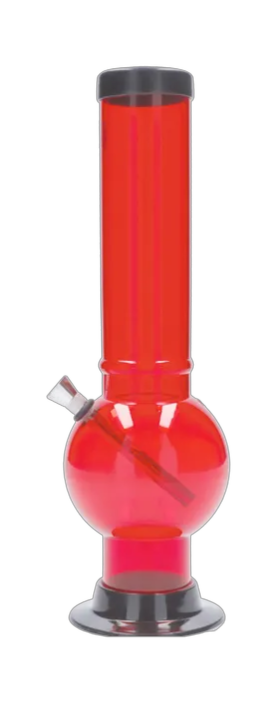 Front view of the 12-inch JM Plastics Large Bubble Base Acrylic Water Pipe, showcasing its clear, rounded base and simple form. Front view of the 12-inch JM Plastics Large Bubble Base Acrylic Water Pipe, showcasing its clear, rounded base and simple form.