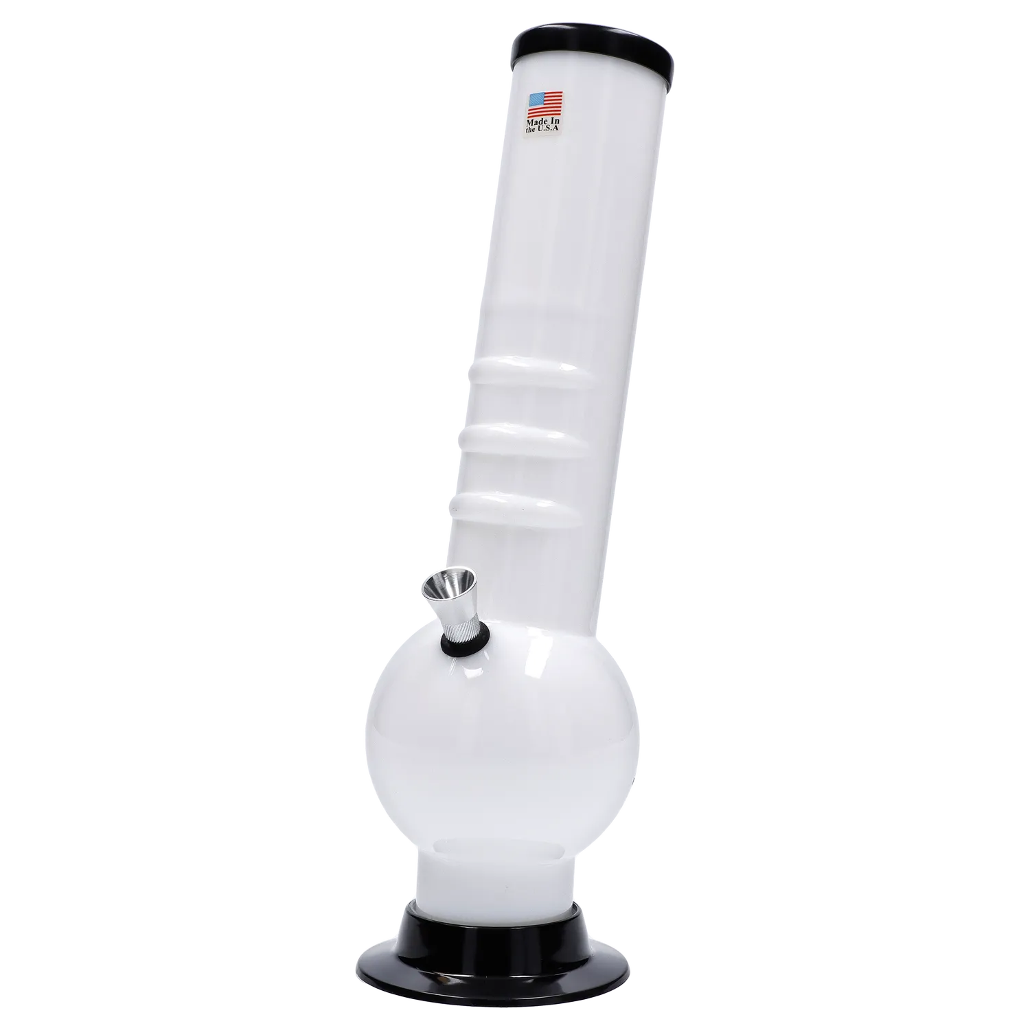 A studio shot of the 12-inch JM Plastics Large Bubble Base with Bent Neck and Grip Acrylic Water Pipe against a white background. A studio shot of the 12-inch JM Plastics Large Bubble Base with Bent Neck and Grip Acrylic Water Pipe against a white background.