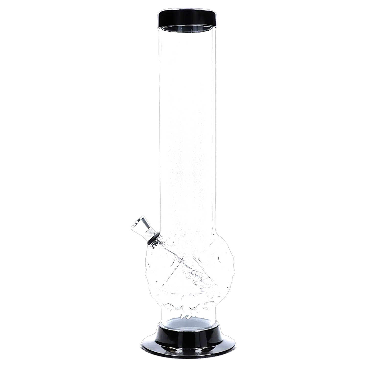 Front view of the 12-inch JM Plastics Evil Eye Pyramid Bubble Base Acrylic Water Pipe, showcasing its clear construction and pyramid base. Front view of the 12-inch JM Plastics Evil Eye Pyramid Bubble Base Acrylic Water Pipe, showcasing its clear construction and pyramid base.