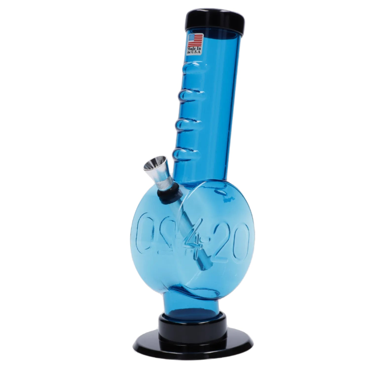 A front view of the 9-inch JM Plastics 420 Coin Base acrylic water pipe, showcasing its grip and clear blue hue. A front view of the 9-inch JM Plastics 420 Coin Base acrylic water pipe, showcasing its grip and clear blue hue.