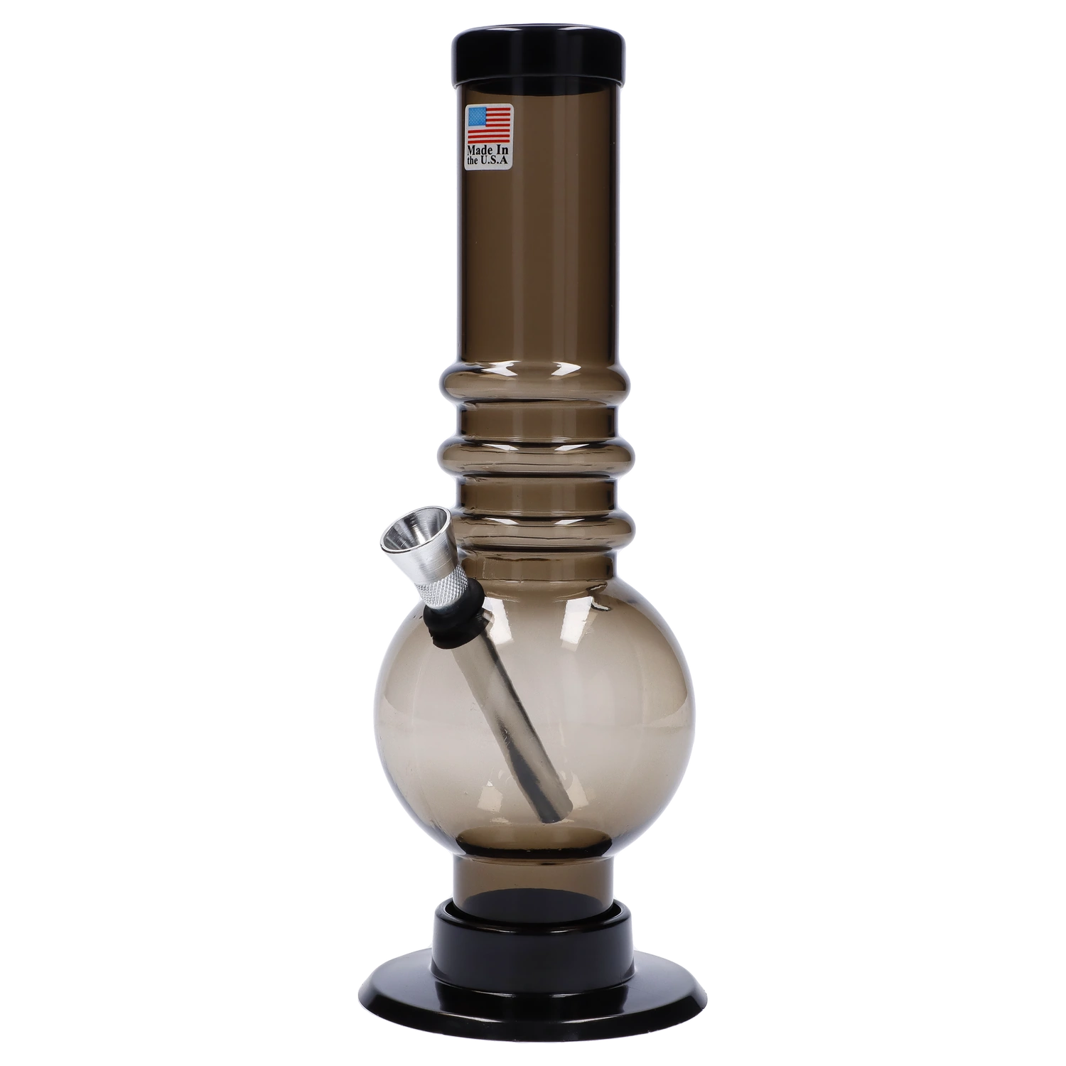 A front view of the 9-inch JM Plastics Bubble Base with Grip Acrylic Water Pipe, showing its clear construction and rounded base. A front view of the 9-inch JM Plastics Bubble Base with Grip Acrylic Water Pipe, showing its clear construction and rounded base.