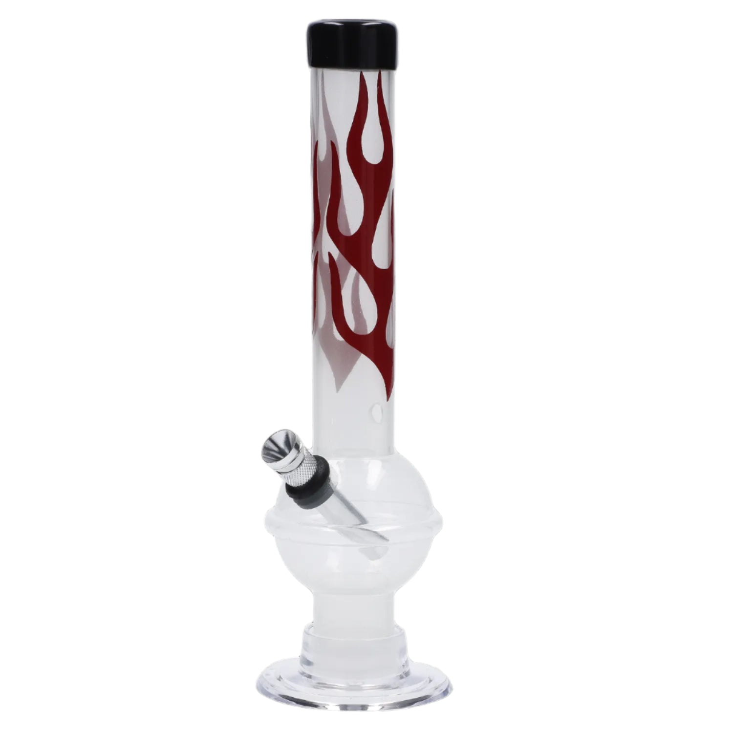 Front view of the JM Plastics Flame Bubble Base with Ring and Carb Hole Acrylic Water Pipe, showcasing the flame design on the clear acrylic base. Front view of the JM Plastics Flame Bubble Base with Ring and Carb Hole Acrylic Water Pipe, showcasing the flame design on the clear acrylic base.