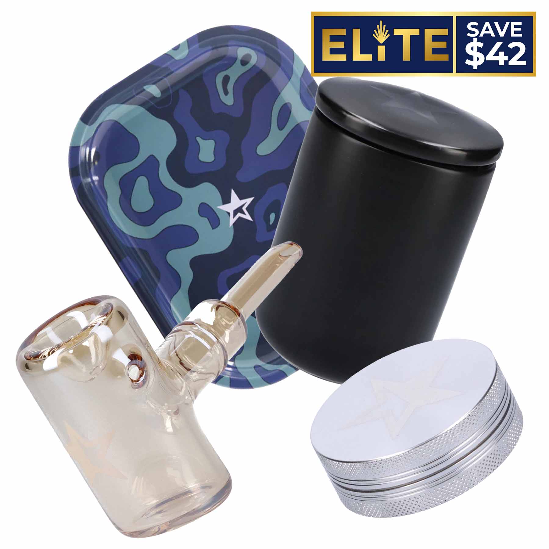 Front view of the Famous Essentials Combo, showcasing a clear glass water pipe beside a silver screw-on lid. Front view of the Famous Essentials Combo, showcasing a clear glass water pipe beside a silver screw-on lid.
