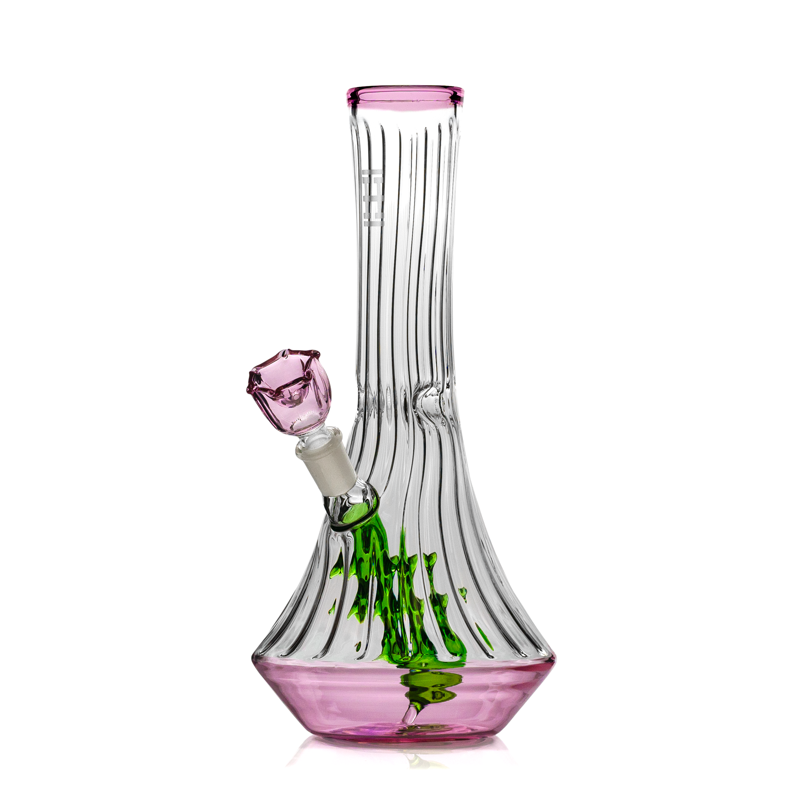 Front view of the Flower Vase XL Bong, showcasing a pink glass base and curved neck against a plain white background. Front view of the Flower Vase XL Bong, showcasing a pink glass base and curved neck against a plain white background.