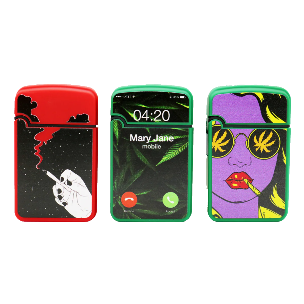 A colorful, angled close-up of the Lighter 3-Pack, showing phone screens with vibrant, animated designs on each lighter face. A colorful, angled close-up of the Lighter 3-Pack, showing phone screens with vibrant, animated designs on each lighter face.