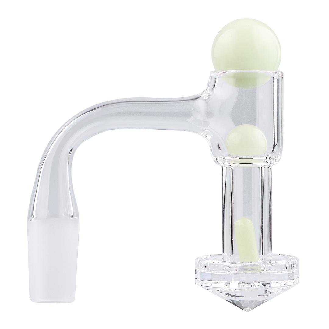 A close-up shows the Full Weld Diamond Bottom Quartz Slurper Banger Set, featuring a clear quartz dish with a rounded, reflective surface. A close-up shows the Full Weld Diamond Bottom Quartz Slurper Banger Set, featuring a clear quartz dish with a rounded, reflective surface.