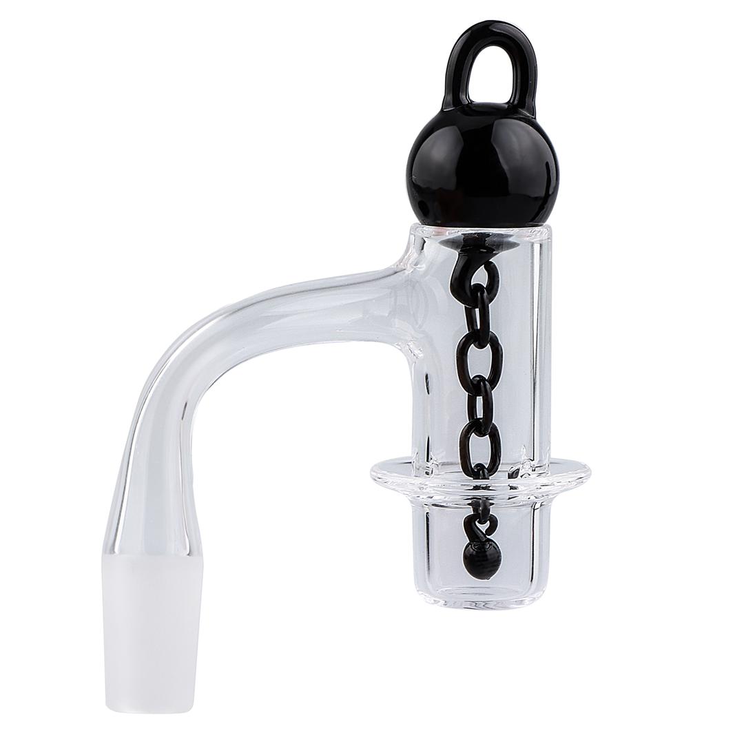 A close-up shot of the Full Weld Halo Blender Quartz Banger Set, showcasing the clear quartz and angled view of the banger. A close-up shot of the Full Weld Halo Blender Quartz Banger Set, showcasing the clear quartz and angled view of the banger.