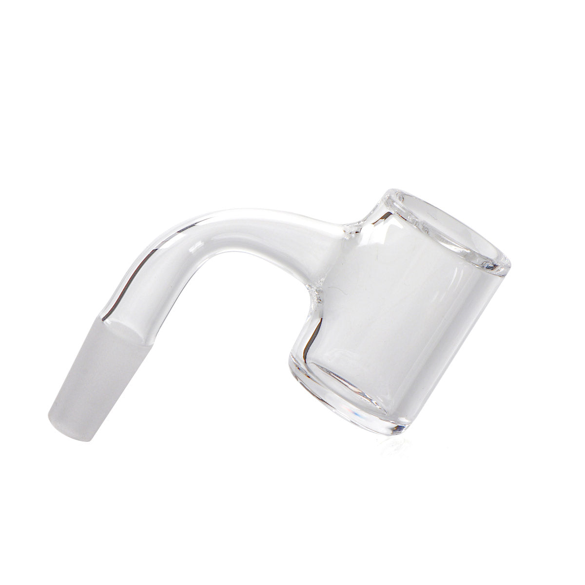 A close-up, angled view of the Full Weld Mini Quartz Banger, showcasing its small size and clear quartz construction. A close-up, angled view of the Full Weld Mini Quartz Banger, showcasing its small size and clear quartz construction.