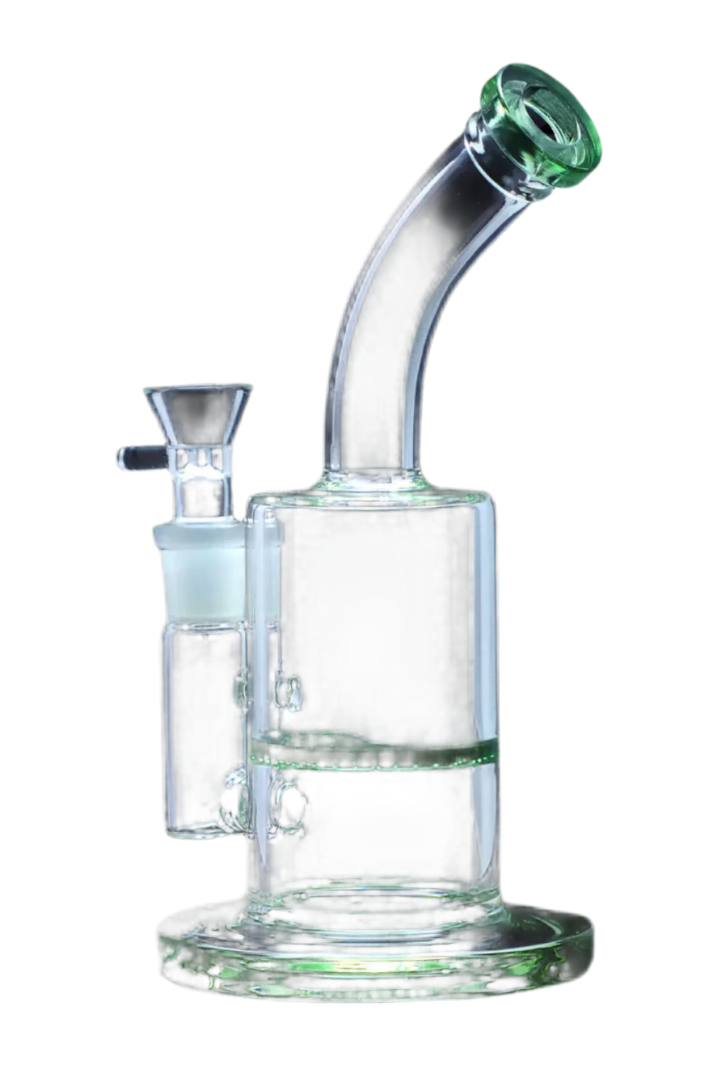 Front view of the 9-inch Bent Neck with Honeycomb Perc Water Pipe, a green glass water pipe with a curved neck. Front view of the 9-inch Bent Neck with Honeycomb Perc Water Pipe, a green glass water pipe with a curved neck.