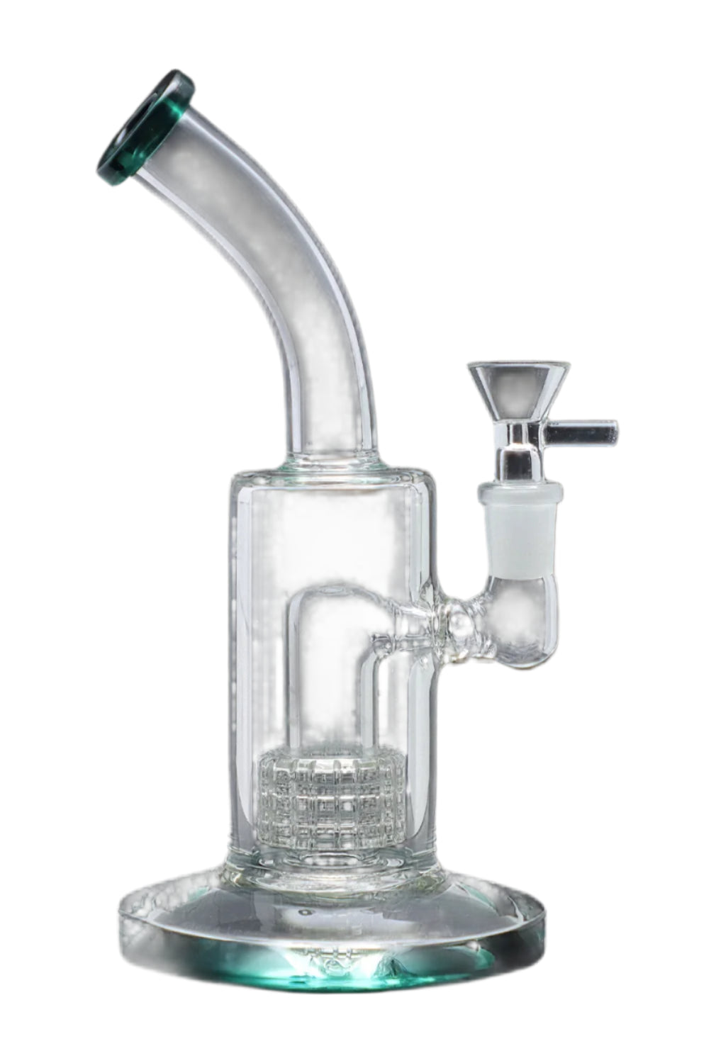 Front view of the 8-inch DankStop Bent Neck with Matrix Perc water pipe, showcasing its teal accents and clear glass construction. Front view of the 8-inch DankStop Bent Neck with Matrix Perc water pipe, showcasing its teal accents and clear glass construction.