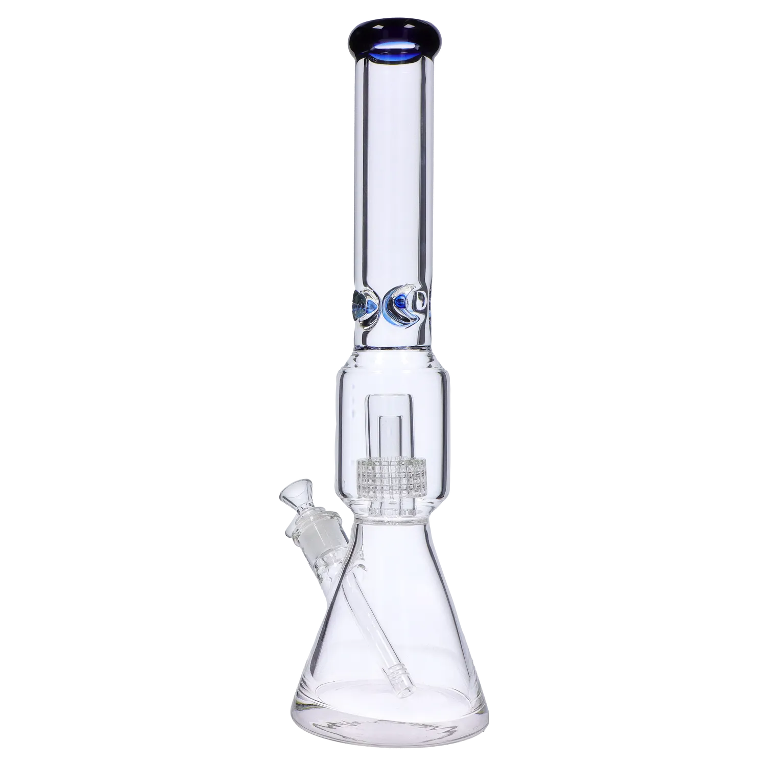 A front view of the 16-inch DankStop Beaker with Perc & Color Mouthpiece, showing a clear glass tube with a blue mouthpiece. A front view of the 16-inch DankStop Beaker with Perc & Color Mouthpiece, showing a clear glass tube with a blue mouthpiece.