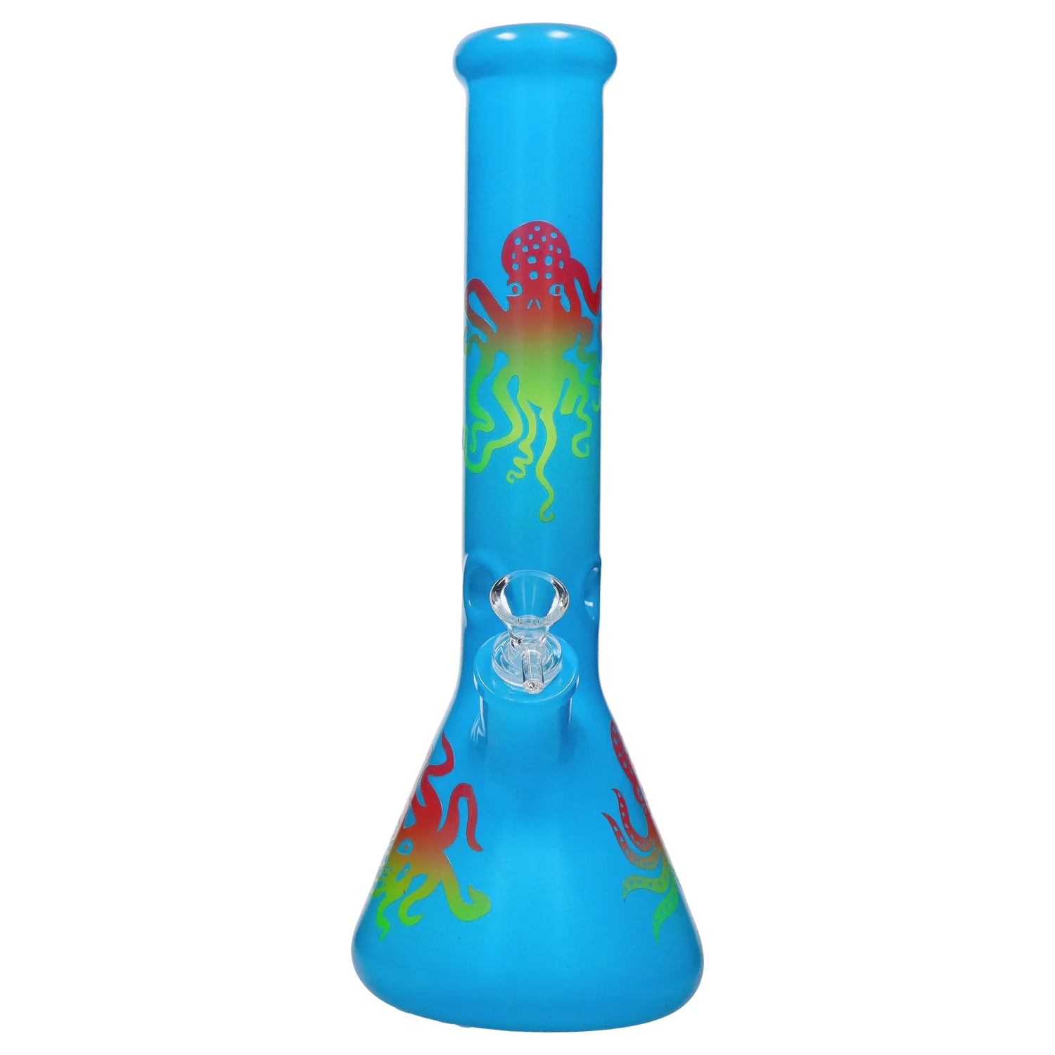 Front view of the 14.7-inch Octopus Beaker Water Pipe, a blue glass beaker with a detailed octopus design. Front view of the 14.7-inch Octopus Beaker Water Pipe, a blue glass beaker with a detailed octopus design.