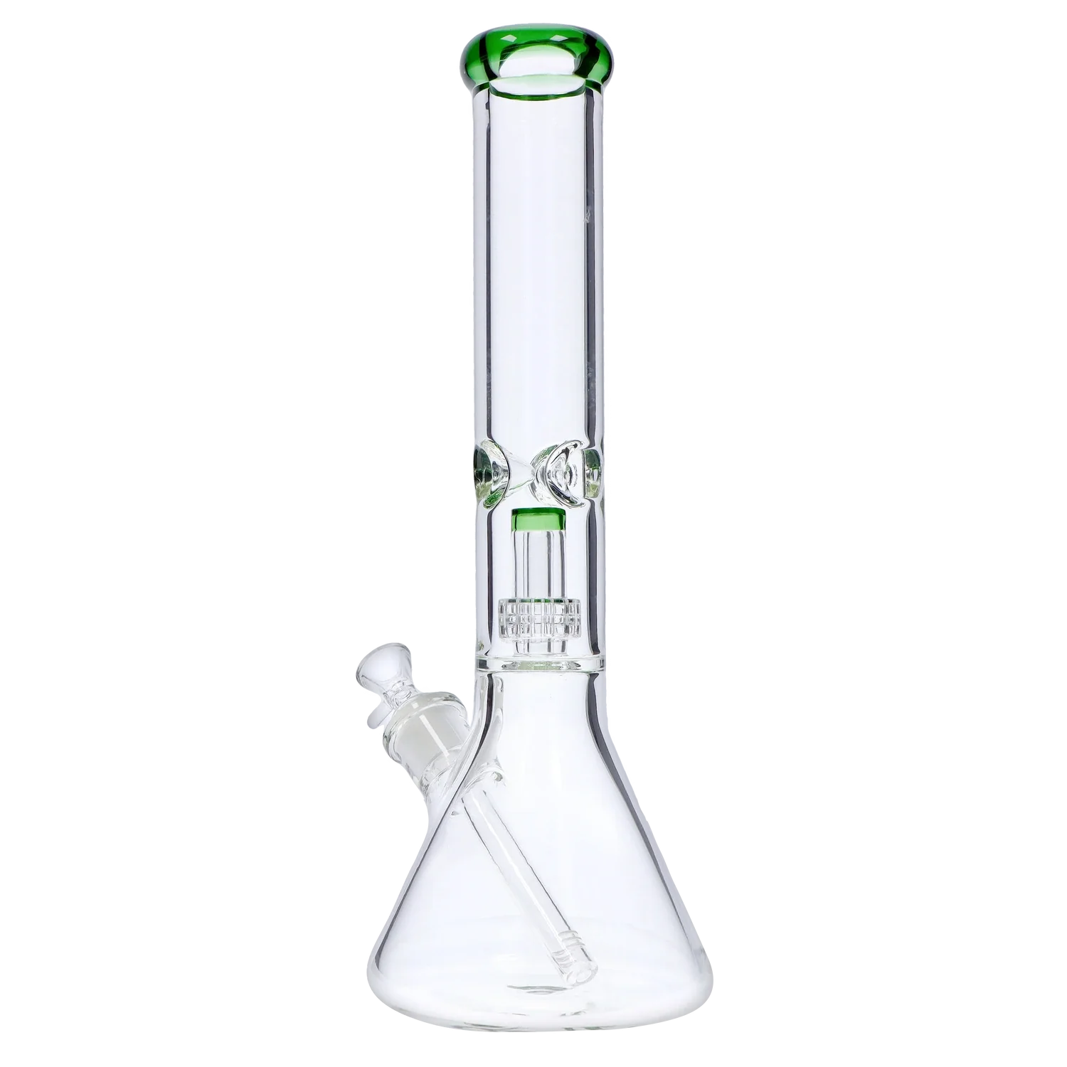 Front view of the 16-inch 7mm Beaker with Matrix Perc Water Pipe in green, showing its classic beaker shape and clear glass construction. Front view of the 16-inch 7mm Beaker with Matrix Perc Water Pipe in green, showing its classic beaker shape and clear glass construction.