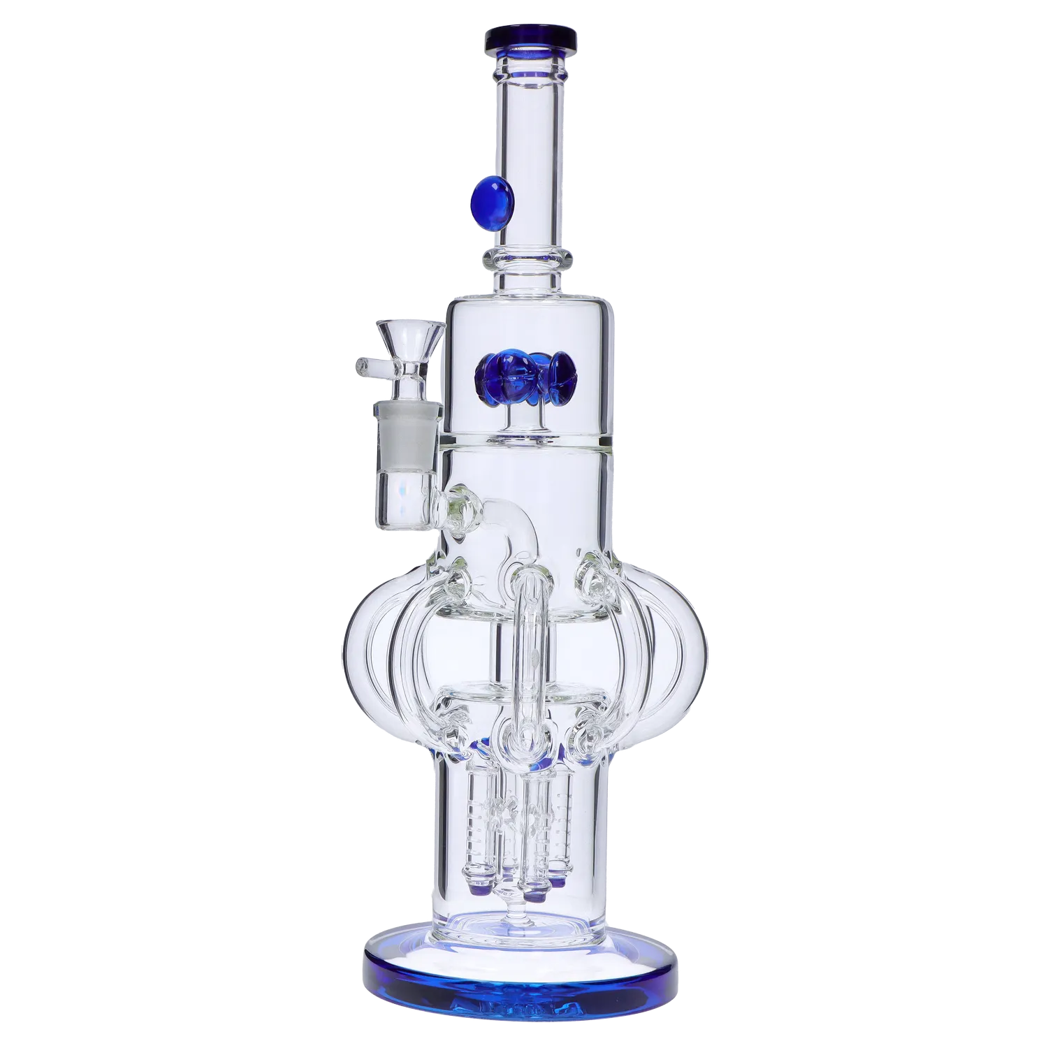 Front view of the 14-inch Tube-ular with Dual Perc Water Pipe, showcasing its clear glass construction and intricate percolator design. Front view of the 14-inch Tube-ular with Dual Perc Water Pipe, showcasing its clear glass construction and intricate percolator design.