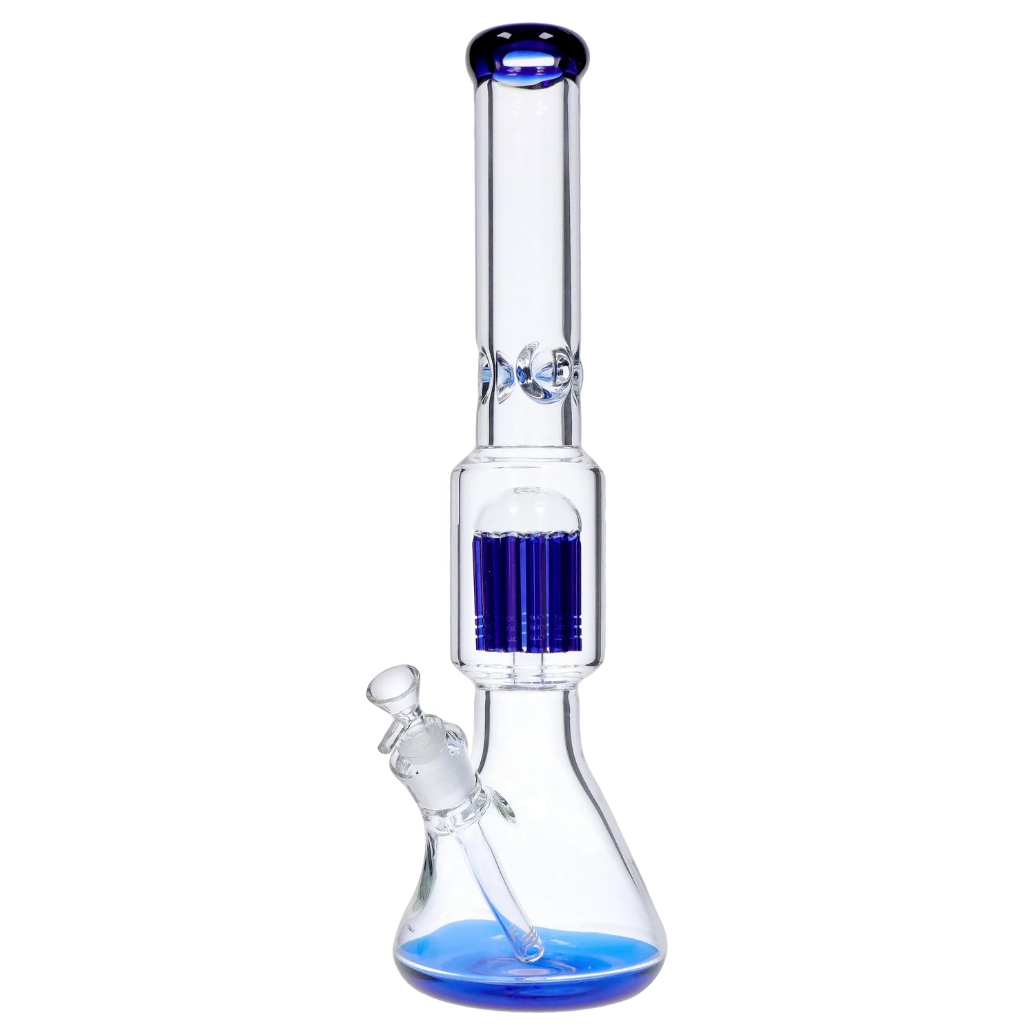 A front view of the 18-inch DankStop Beaker w/ Tree Perc Water Pipe, showcasing its blue glass and classic beaker shape. A front view of the 18-inch DankStop Beaker w/ Tree Perc Water Pipe, showcasing its blue glass and classic beaker shape.