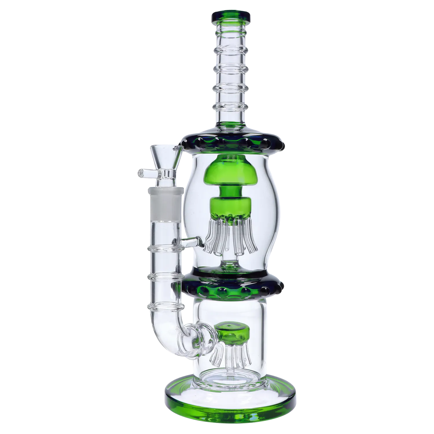 Front view of the 13.5-inch Straight Tube with Dual Octopus Perc, showcasing a clear glass tube with intricate perc detailing. Front view of the 13.5-inch Straight Tube with Dual Octopus Perc, showcasing a clear glass tube with intricate perc detailing.