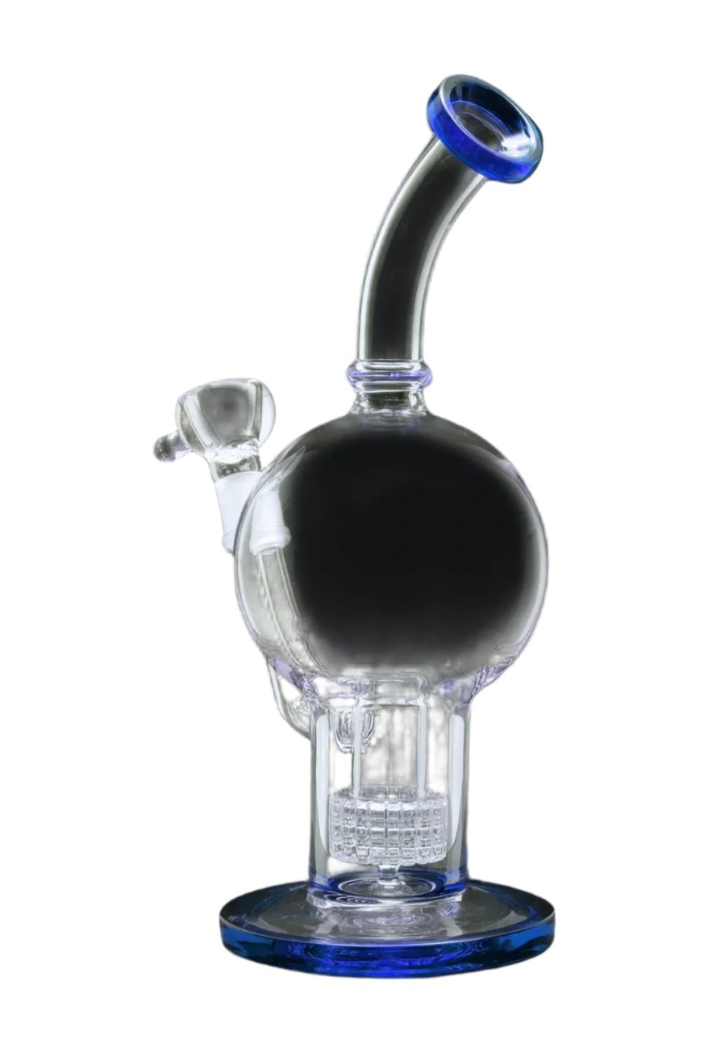Front view of the 10-inch Bent Neck Ball with Matrix Perc Water Pipe, displaying its curved neck and clear glass construction. Front view of the 10-inch Bent Neck Ball with Matrix Perc Water Pipe, displaying its curved neck and clear glass construction.