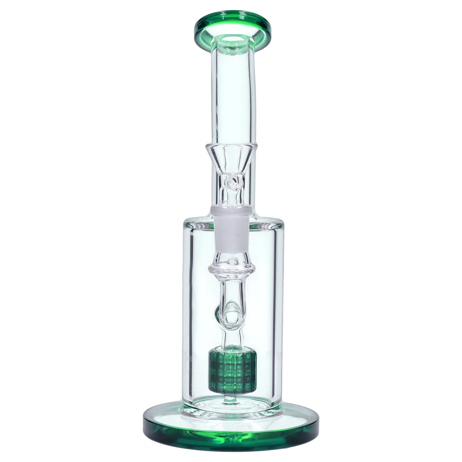 Front view of the 9-inch Bent Neck with Matrix Perc Water Pipe in green, showcasing its curved neck and clear glass construction. Front view of the 9-inch Bent Neck with Matrix Perc Water Pipe in green, showcasing its curved neck and clear glass construction.