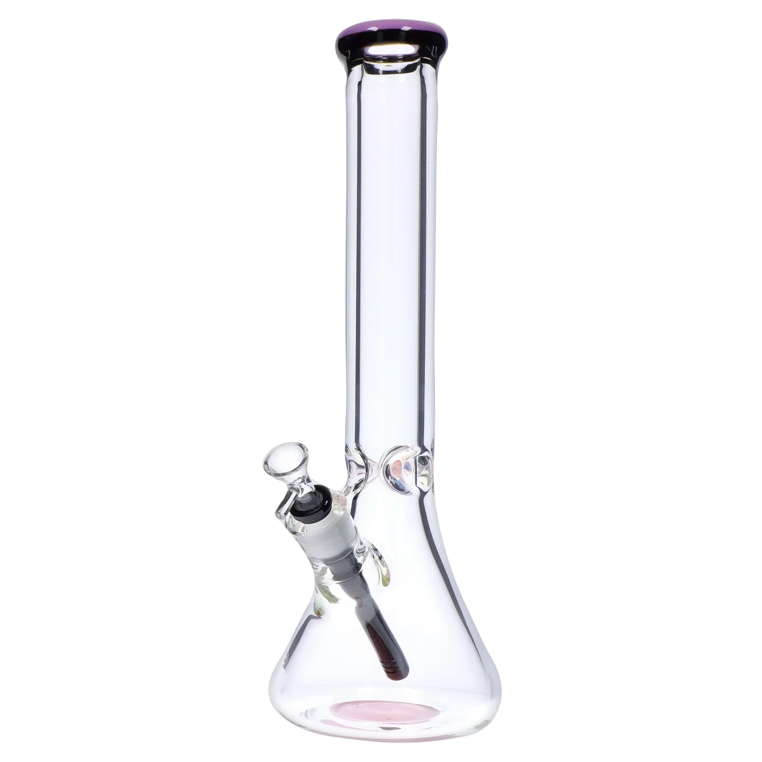 A front view of the 16-inch DankStop Beaker with Color Ring Water Pipe, showing the clear glass and subtle colored ring near the base. A front view of the 16-inch DankStop Beaker with Color Ring Water Pipe, showing the clear glass and subtle colored ring near the base.