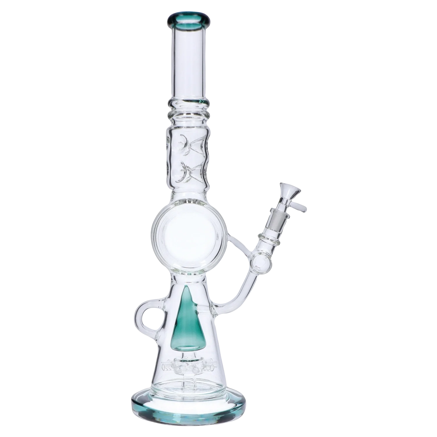 Front view of the 17-inch Extreme Ice with Sprinkler Perc Water Pipe, showcasing its clear glass construction and unique percolator design. Front view of the 17-inch Extreme Ice with Sprinkler Perc Water Pipe, showcasing its clear glass construction and unique percolator design.