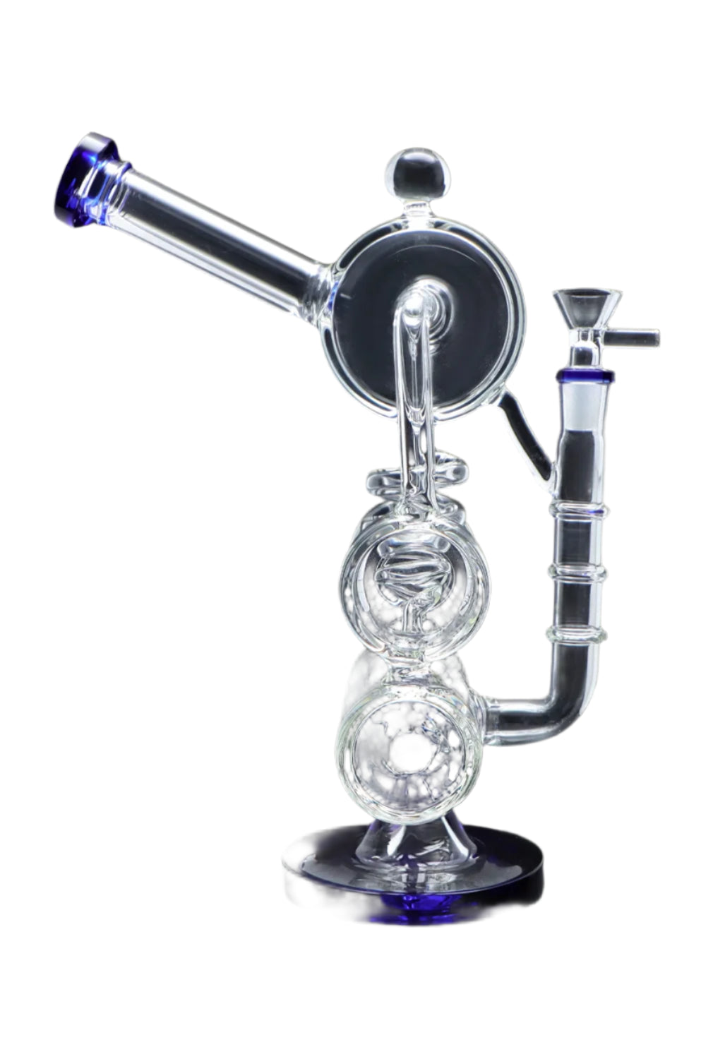 A three-quarter view of the 13-inch Barrel with Inline Perc Water Pipe, showcasing its clear glass construction and curved design. A three-quarter view of the 13-inch Barrel with Inline Perc Water Pipe, showcasing its clear glass construction and curved design.