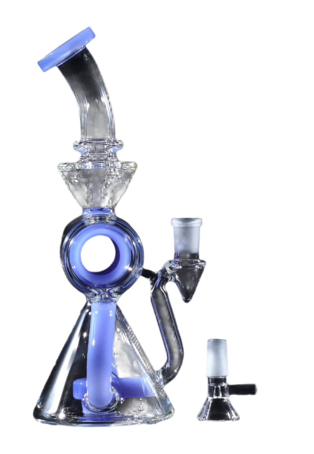 A three-quarter view of the 7.5-inch Barrel with Circ Perc Water Pipe, showcasing its clear glass construction and unique perc design. A three-quarter view of the 7.5-inch Barrel with Circ Perc Water Pipe, showcasing its clear glass construction and unique perc design.