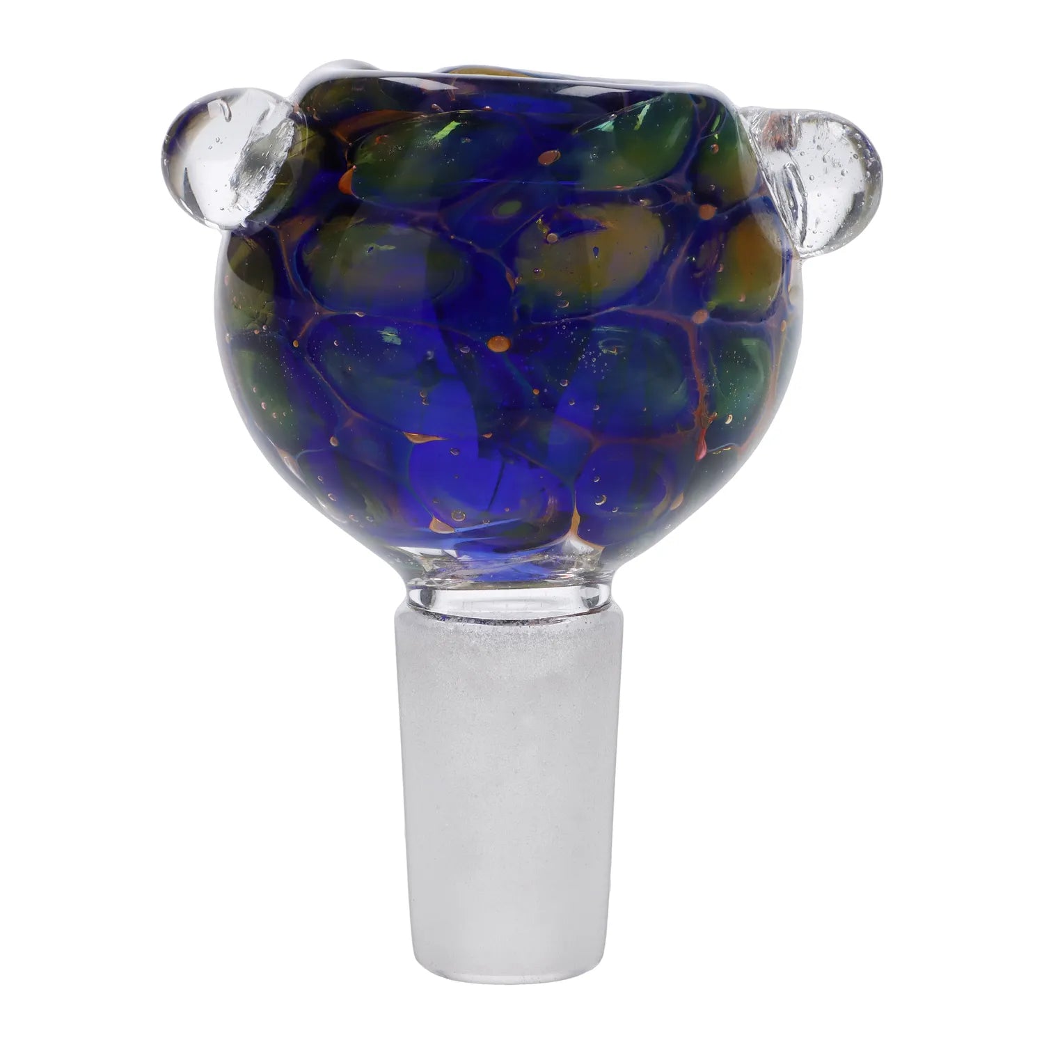 A close-up shows the Gold Fume Blue Green Bubble Trap Bowl - 14mm, featuring a rounded glass trap with swirling blue and green fume patterns. A close-up shows the Gold Fume Blue Green Bubble Trap Bowl - 14mm, featuring a rounded glass trap with swirling blue and green fume patterns.