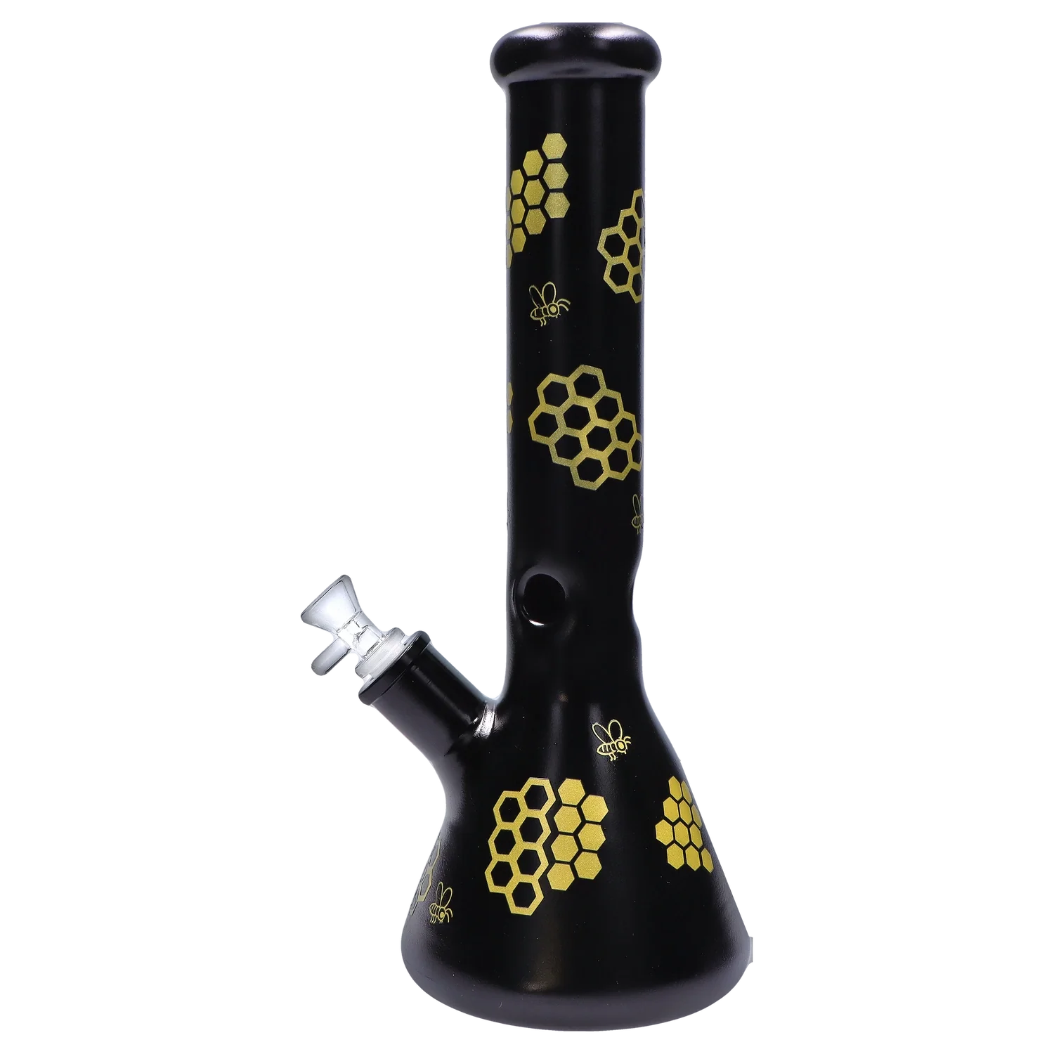 Front view of the 14.7-inch Honeybee Beaker Water Pipe, showcasing its dark glass and unique honeycomb pattern. Front view of the 14.7-inch Honeybee Beaker Water Pipe, showcasing its dark glass and unique honeycomb pattern.