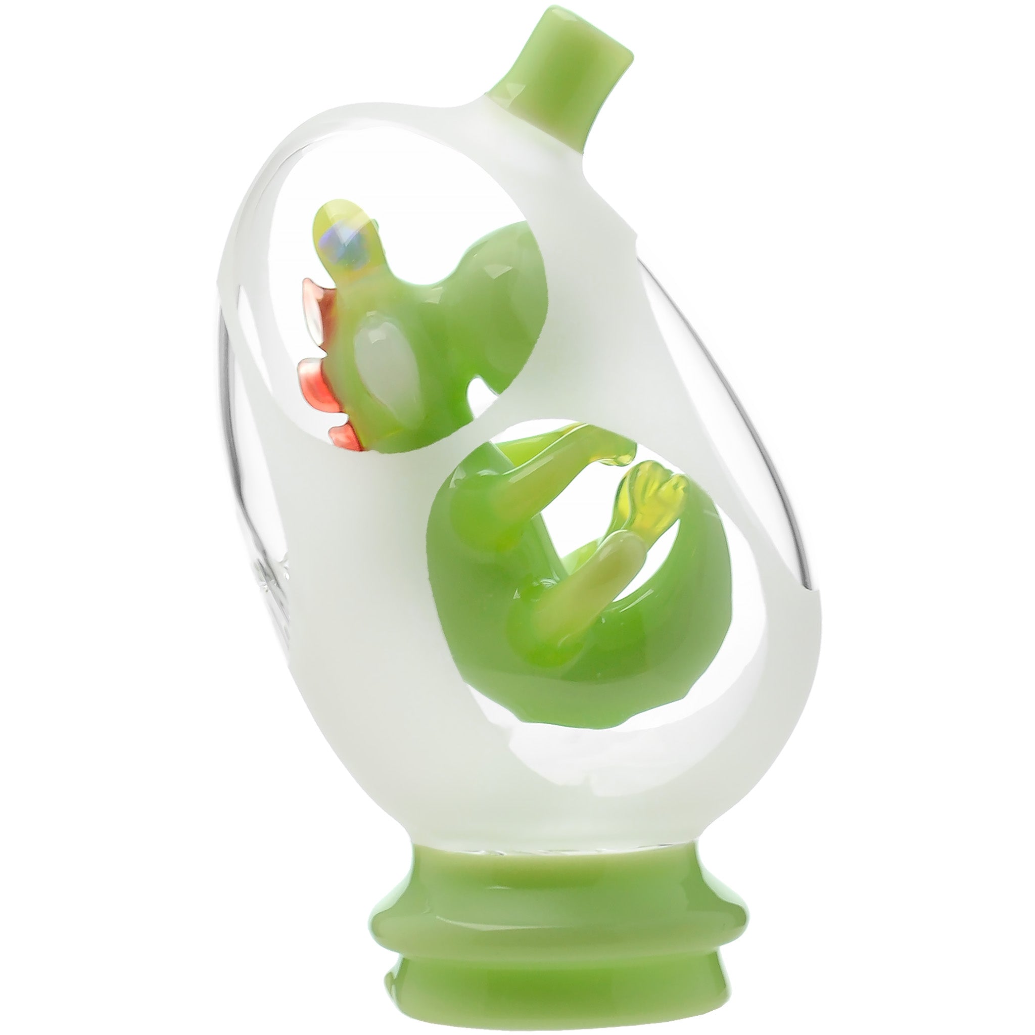 A front view of the Glassic Frosted Dino Egg Puffco Peak glass attachment, showing its sculpted, translucent green dino egg shape. A front view of the Glassic Frosted Dino Egg Puffco Peak glass attachment, showing its sculpted, translucent green dino egg shape.