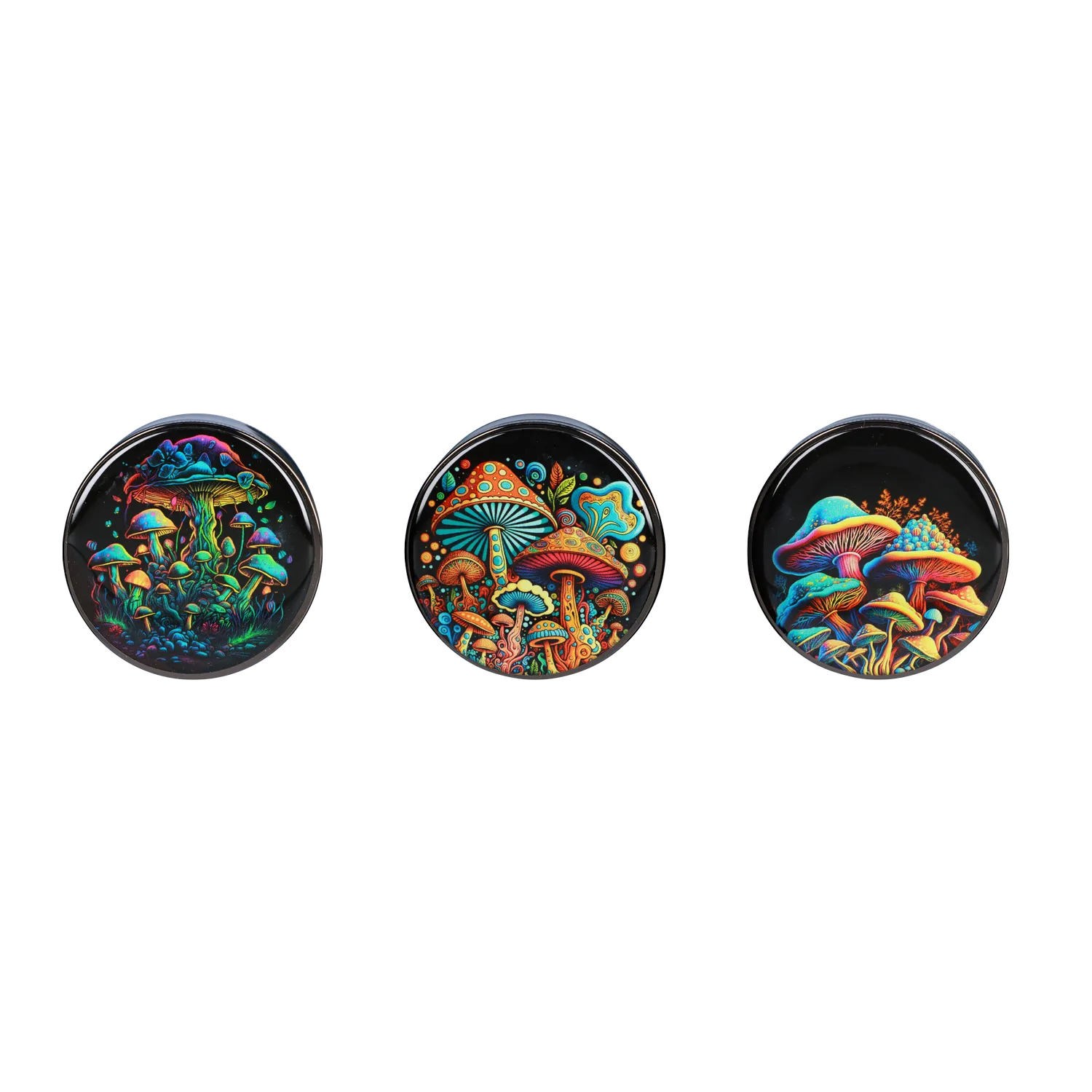 A top-down view of the 63mm Chrome w/ Glowing Mushroom Grinder, displaying a circular, chrome finish with a colorful mushroom design. A top-down view of the 63mm Chrome w/ Glowing Mushroom Grinder, displaying a circular, chrome finish with a colorful mushroom design.