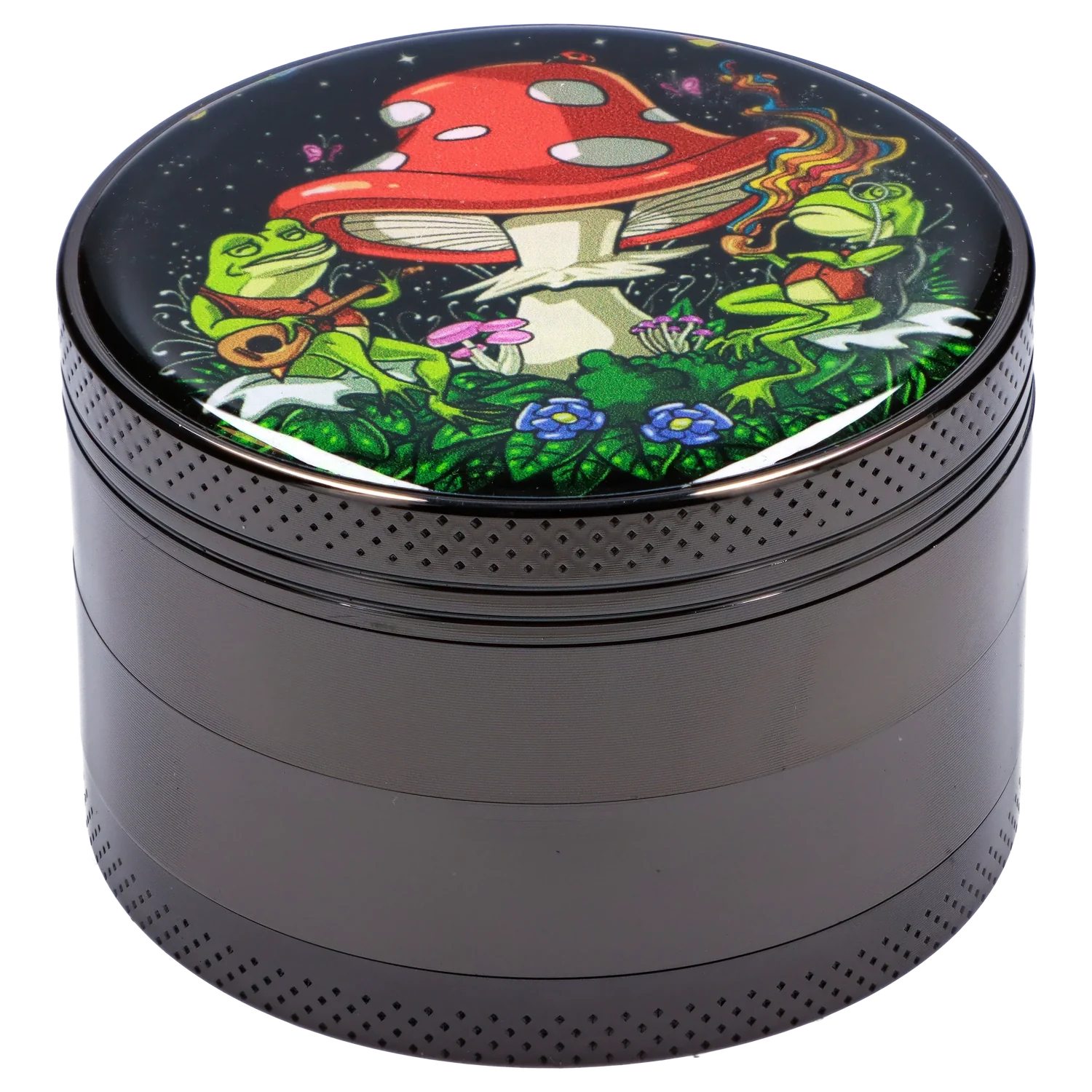 A top-down view of the 63mm Chrome w/ Mushroom Frogs Grinder, decorated with a whimsical mushroom and frog design. A top-down view of the 63mm Chrome w/ Mushroom Frogs Grinder, decorated with a whimsical mushroom and frog design.