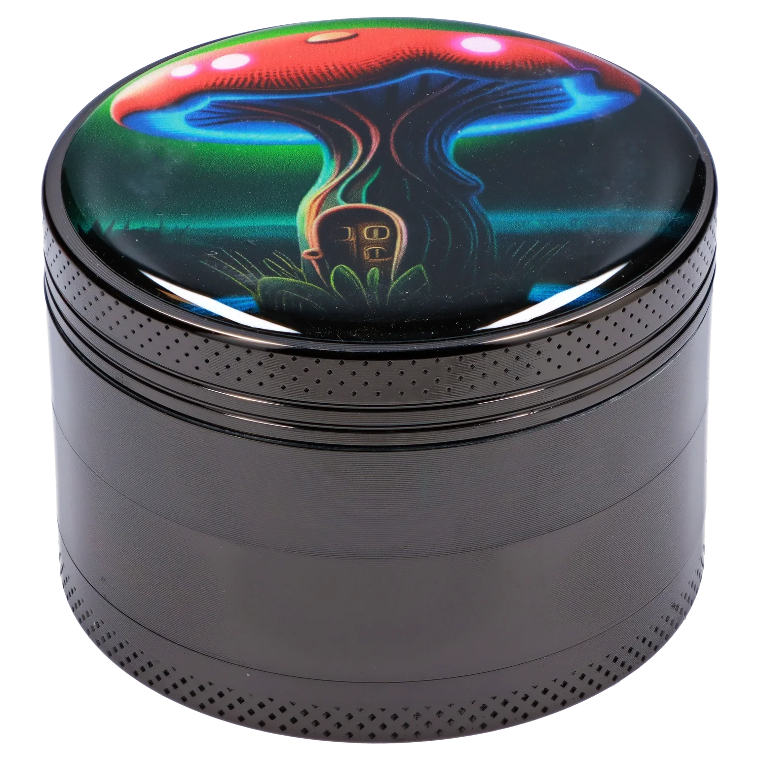 A close-up, angled view of the 63mm Chrome w/ Mushroom House Grinder, showcasing its detailed mushroom design on a shiny chrome finish. A close-up, angled view of the 63mm Chrome w/ Mushroom House Grinder, showcasing its detailed mushroom design on a shiny chrome finish.