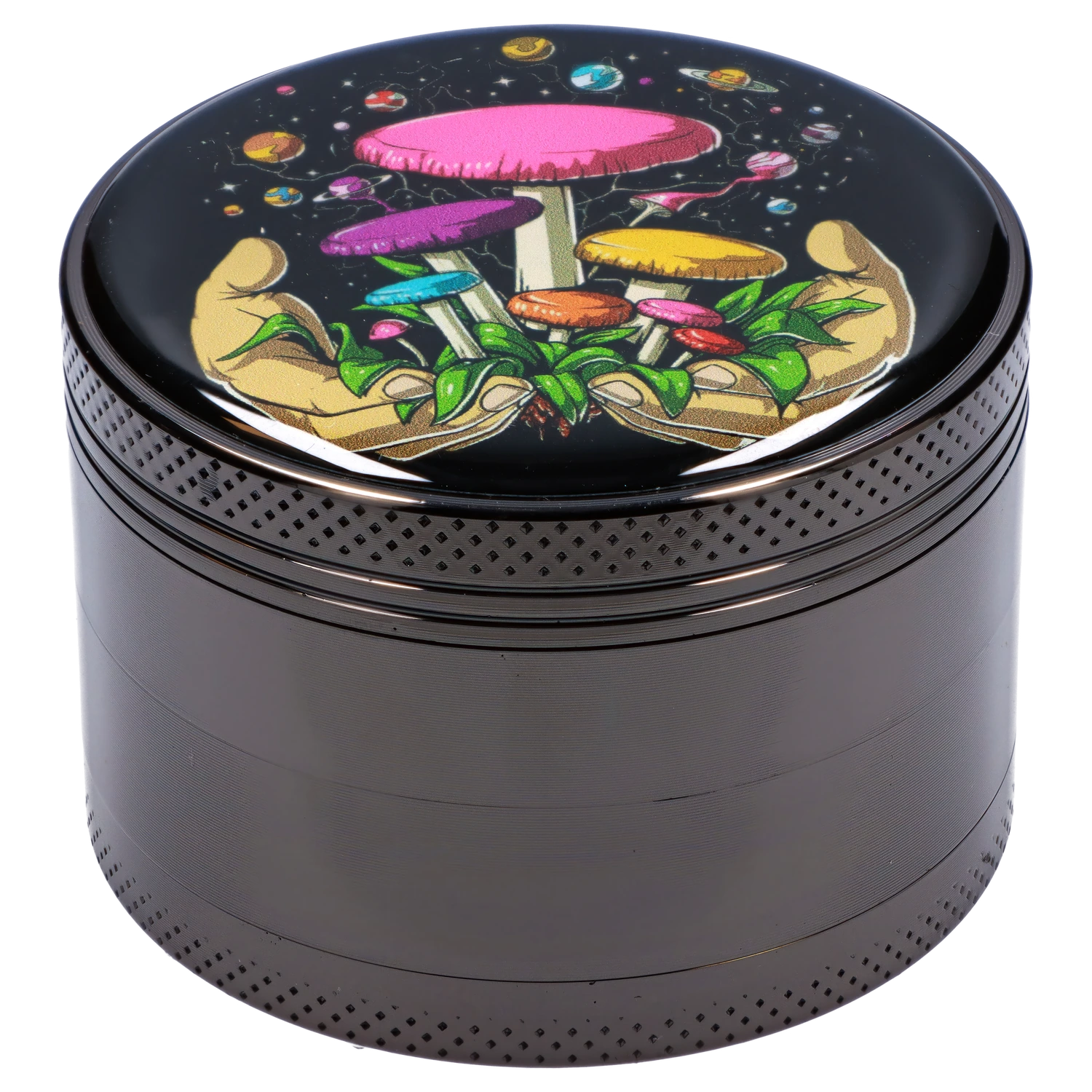 A close-up, front view of the 63mm Chrome w/ Space Hands Mushroom Grinder featuring a detailed mushroom design with hands holding it. A close-up, front view of the 63mm Chrome w/ Space Hands Mushroom Grinder featuring a detailed mushroom design with hands holding it.